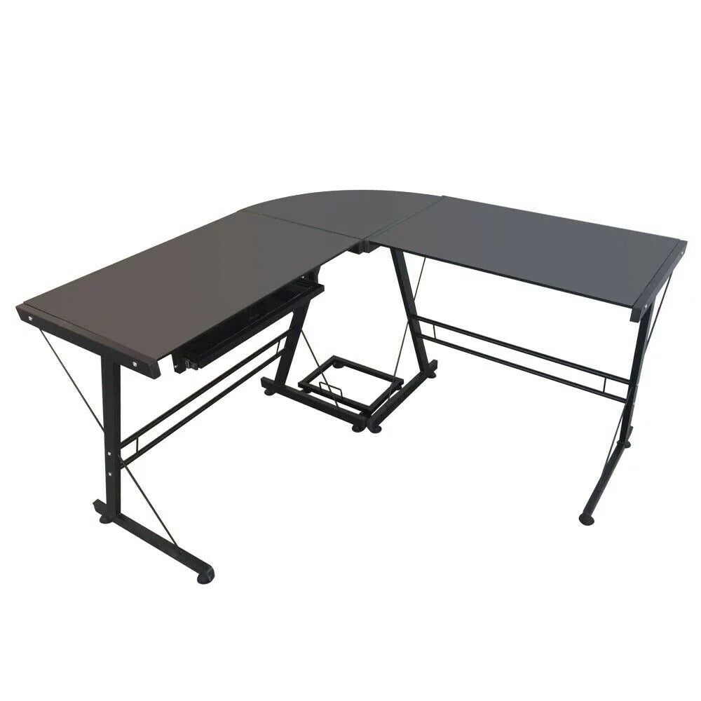 L-Shaped Tempered Glass Computer Desk with Shelf & Keyboard Tray C874