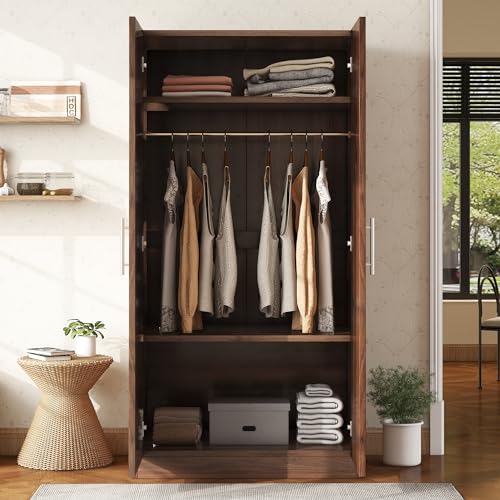 Brown Wooden Armoire Closet with 3-Shelves and Hanging Rail H7871