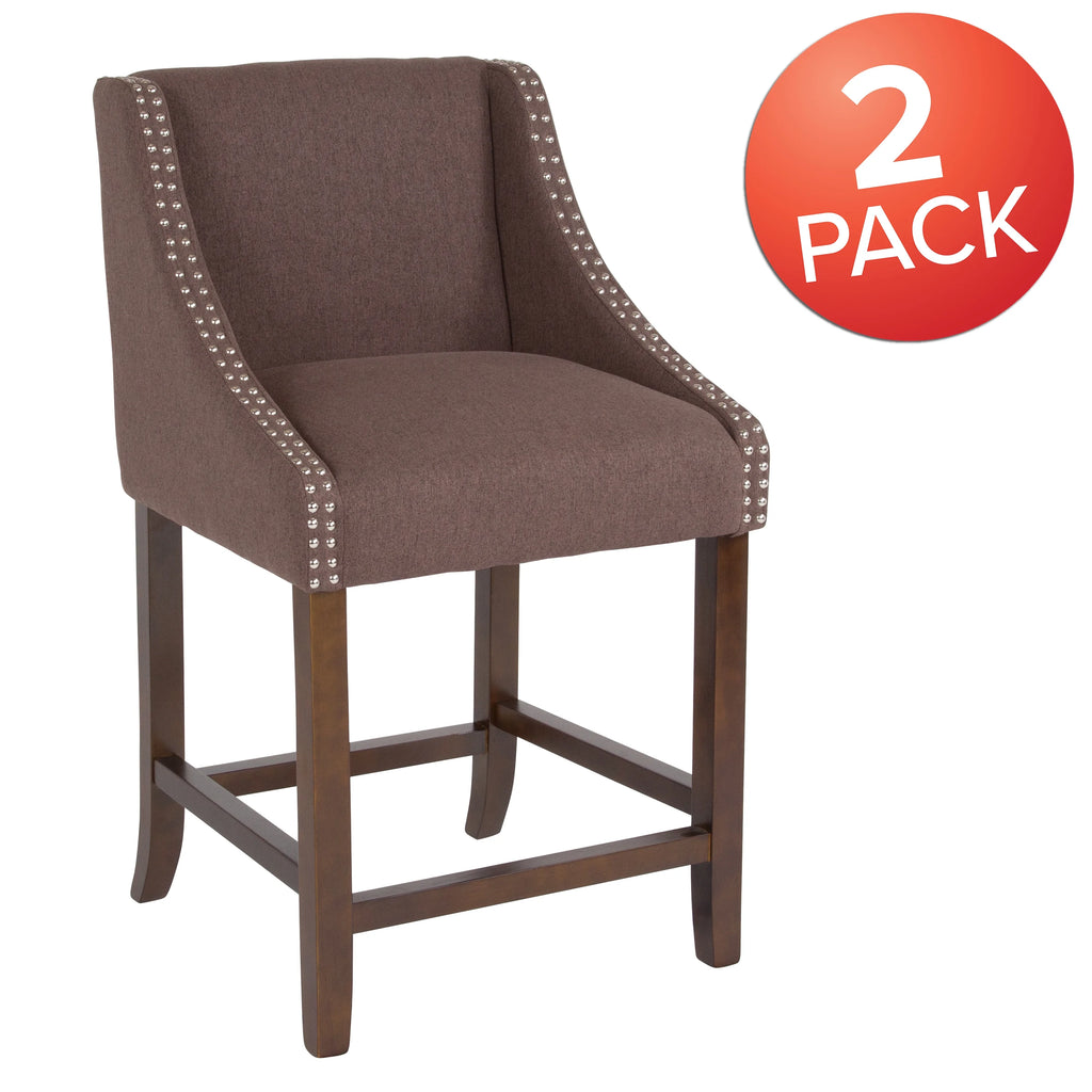 Walnut Counter Height Stool with Nailhead Trim in Brown Fabric - Set of 2 E72995