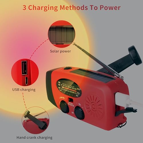 Portable Self-Powered AM/FM/NOAA Weather Radio with Solar & Hand-Crank Charging, LED Flashlight, USB Rechargeable, 2000mAh Power Bank E31274