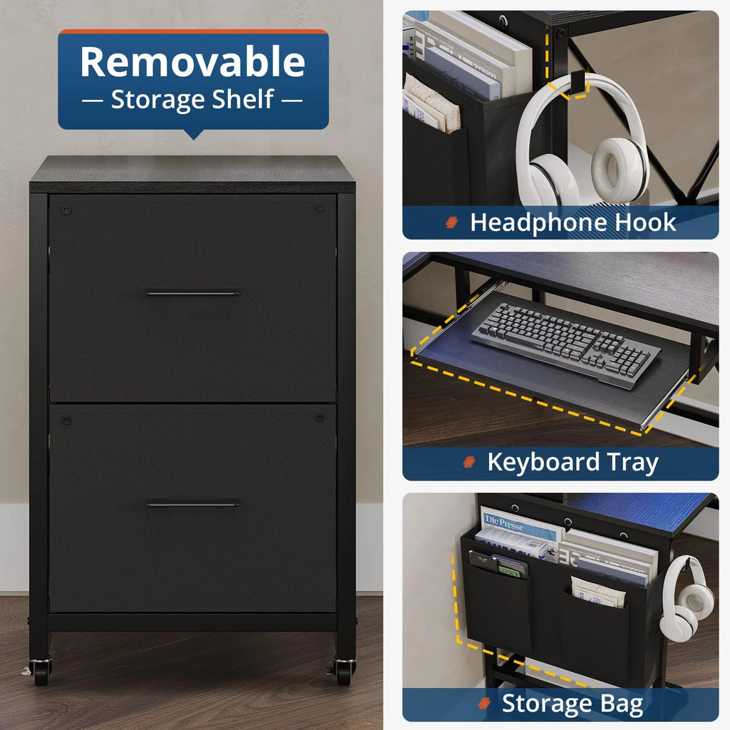 L Shaped Computer Desk with Power Outlet and LED Strip, Black Y5729