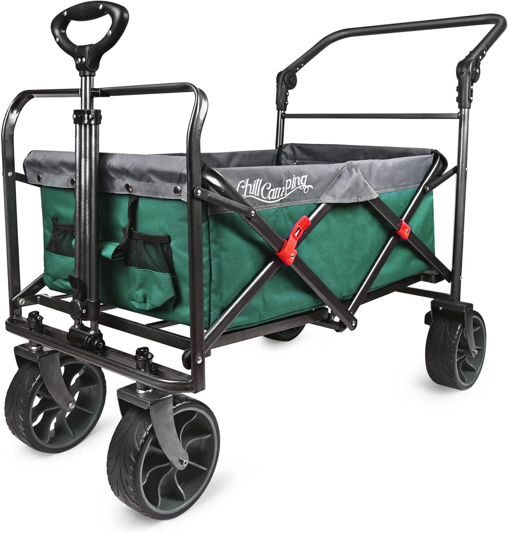 Collapsible Folding Wagon with Adjustable Push Pull Handles, Big Rubber Wheels, Green/Gray J29040