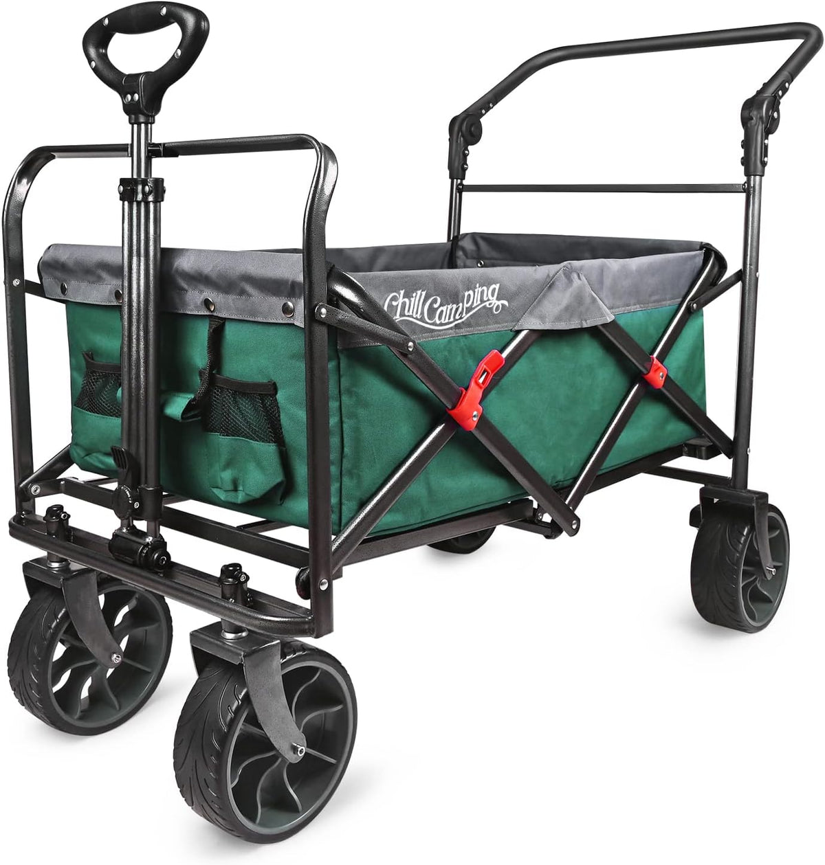 Collapsible Folding Wagon with Adjustable Push Pull Handles, Big Rubber Wheels, Green/Gray J29040