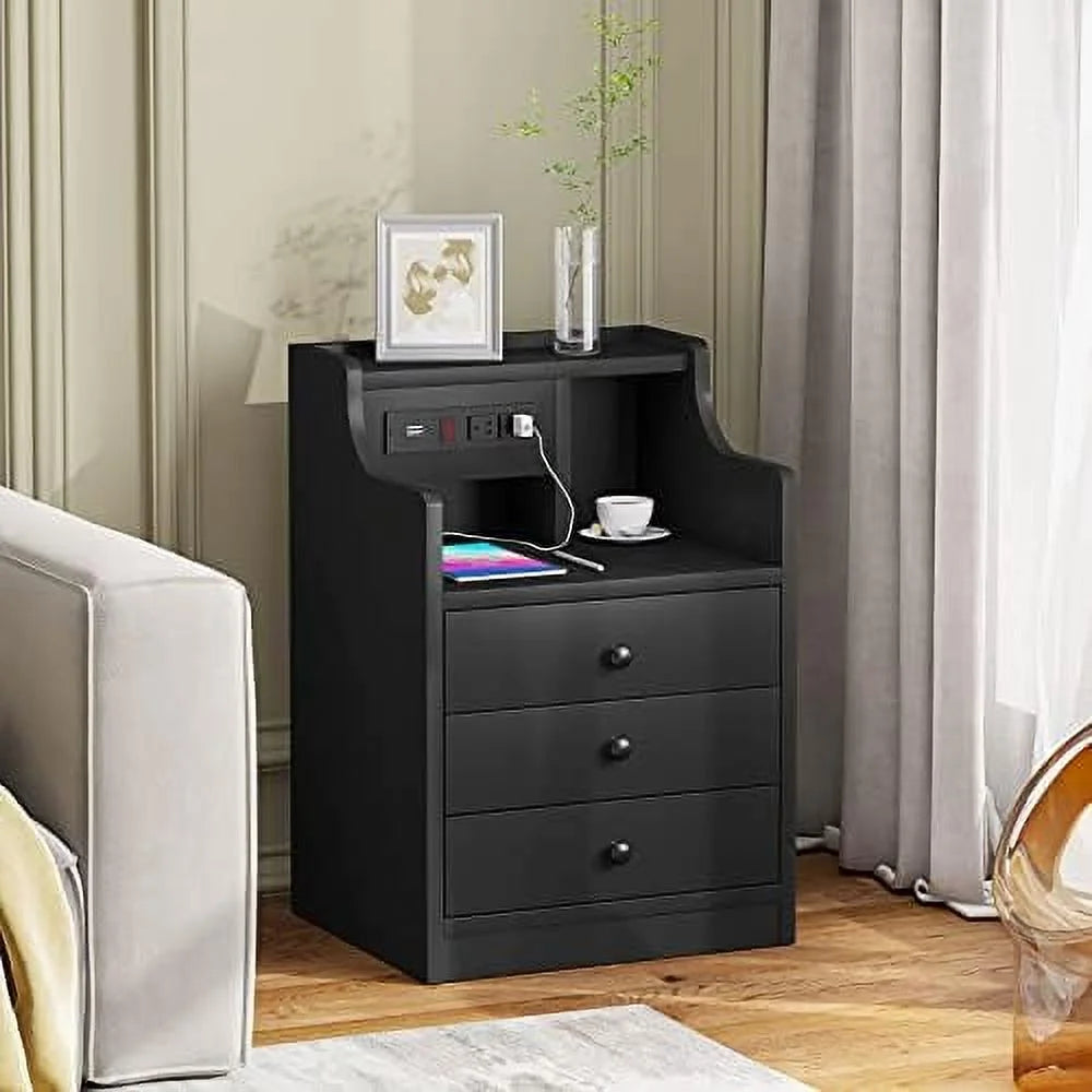 Black 3 Drawer Wood Nightstand with Charging Station L887825
