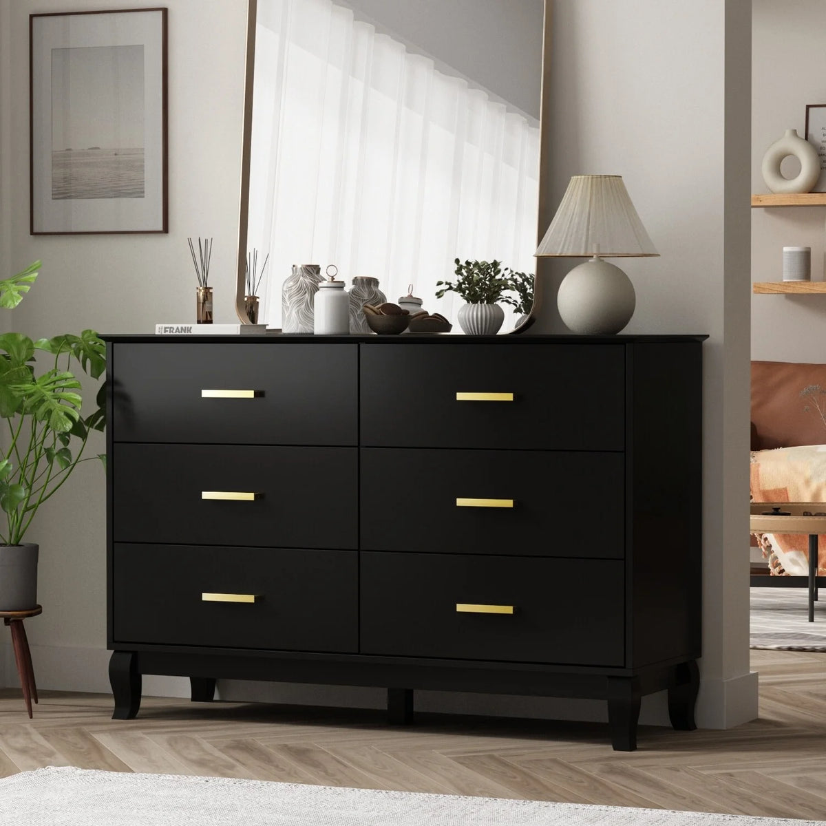 6 Drawer Double Dresser Black White Q5206