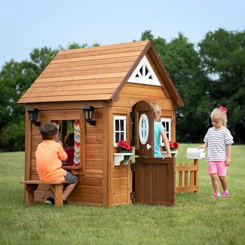 Cedar Wooden Kids Playhouse Cottage with Play Kitchen T30951