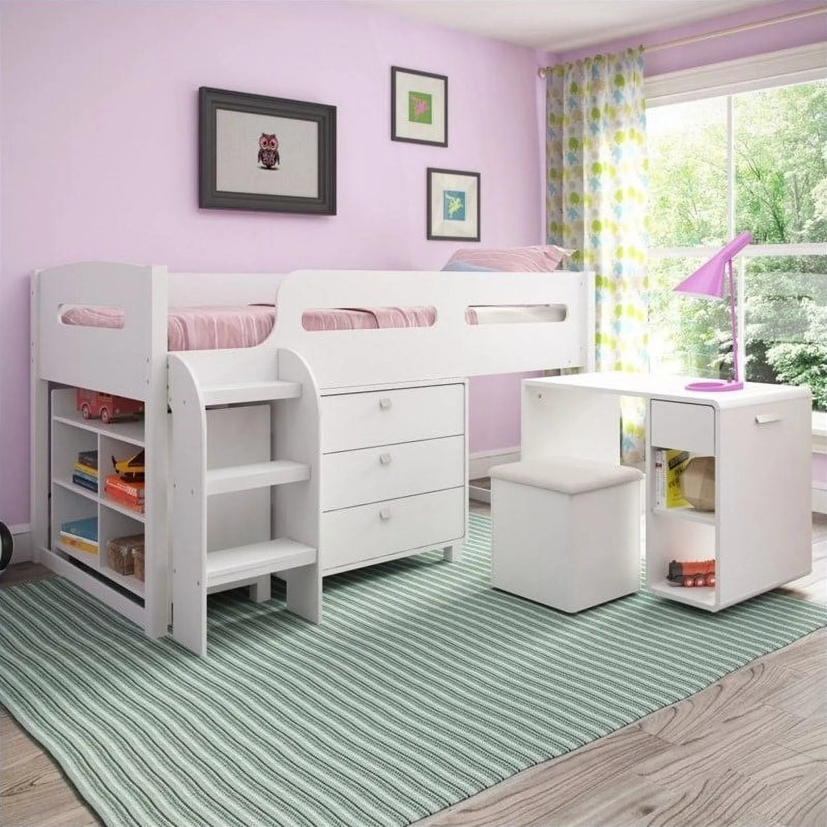 White 5pc Engineered Wood Loft Bed Set with Desk G523