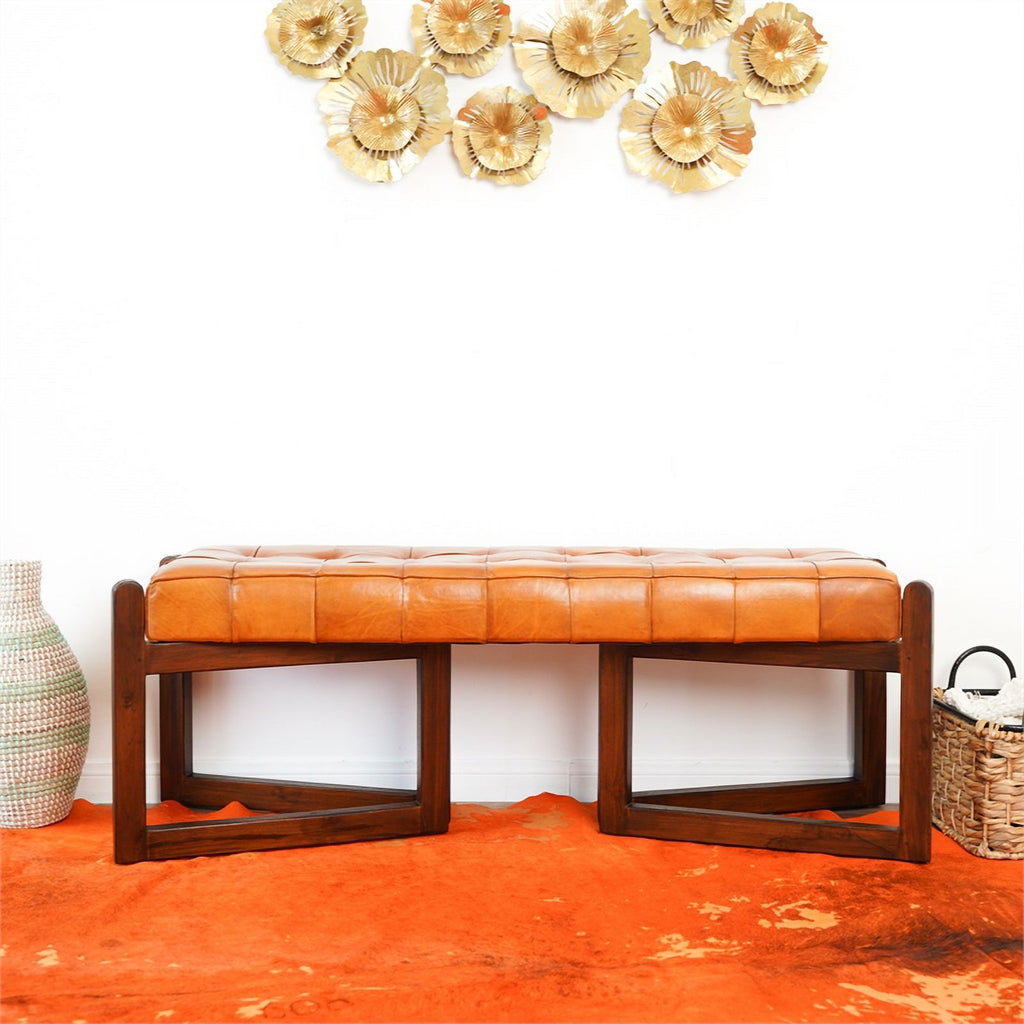 Tan Upholstered Leather Bench W4931