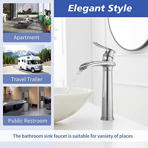 Brushed Nickel Waterfall Vessel Sink Faucet with Pop Up Drain O782219