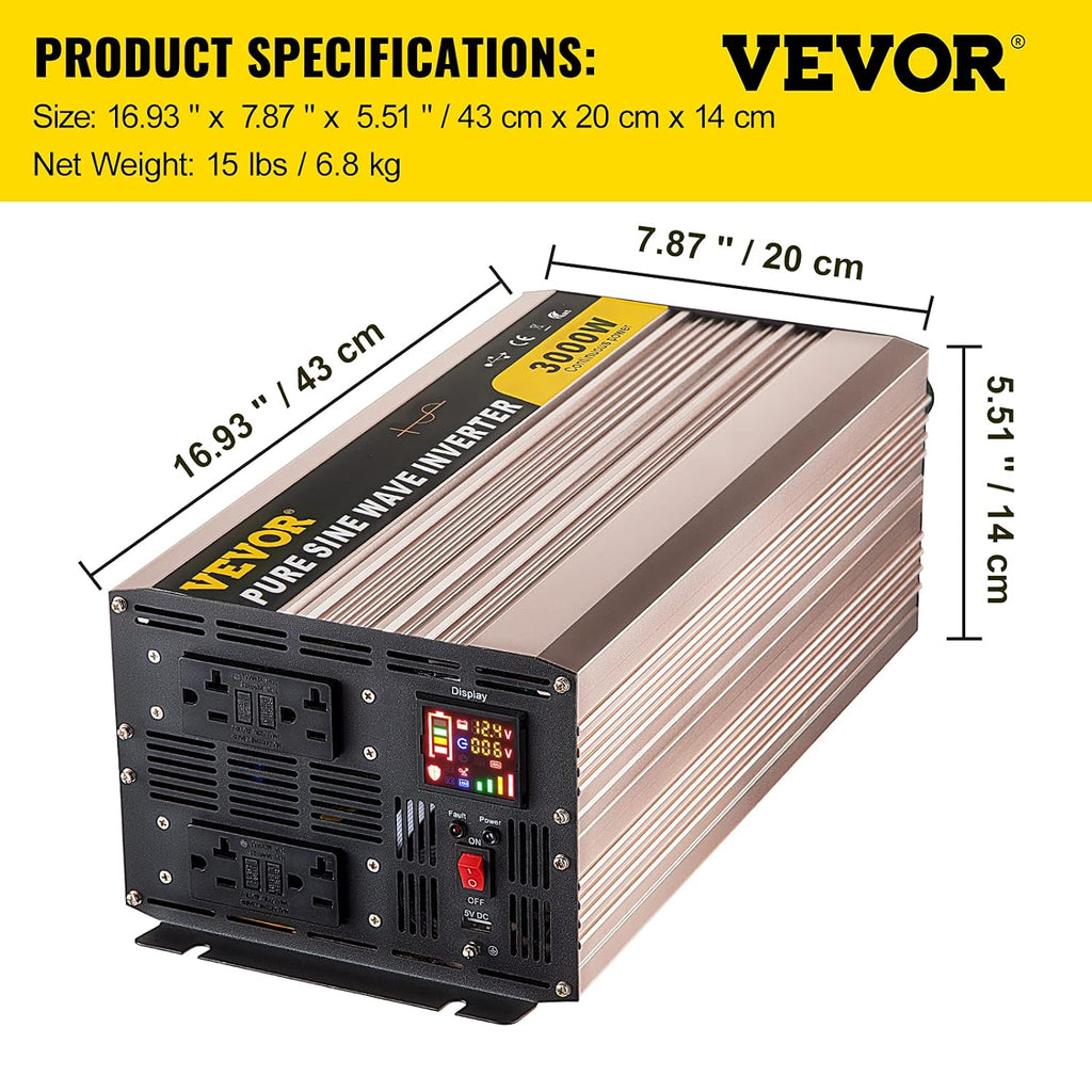3000 Watt Pure Sine Wave Power Inverter, DC 12V to AC 110V, with LCD Display, 5V USB Port, AC Outlets (GFCI) O9477