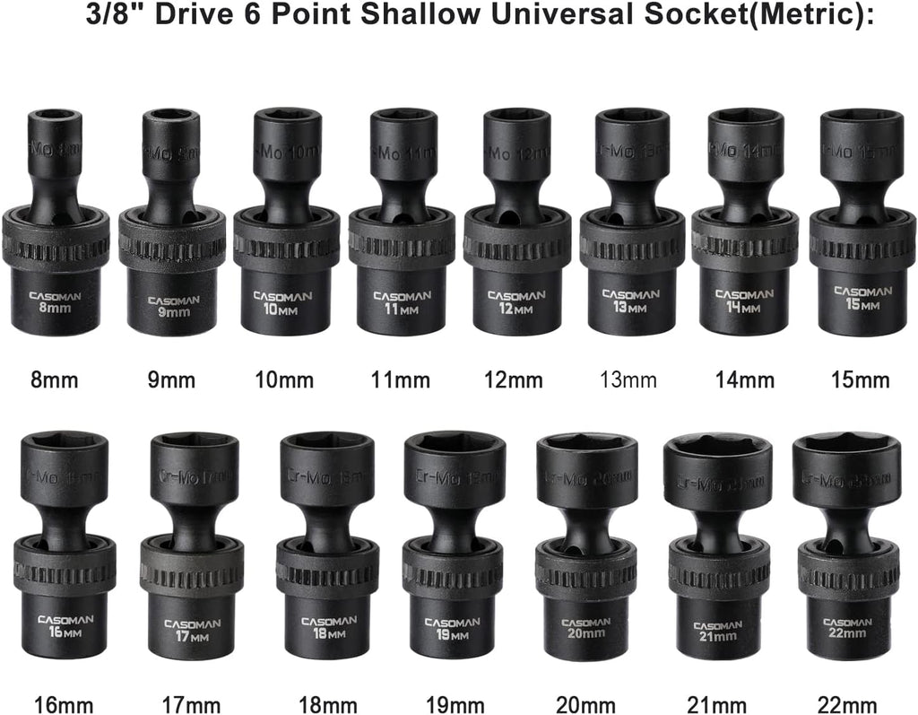 15 PCS 3/8 Drive Shallow Universal Impact Socket Set, 6 Point, Metric, 8-22mm R7555
