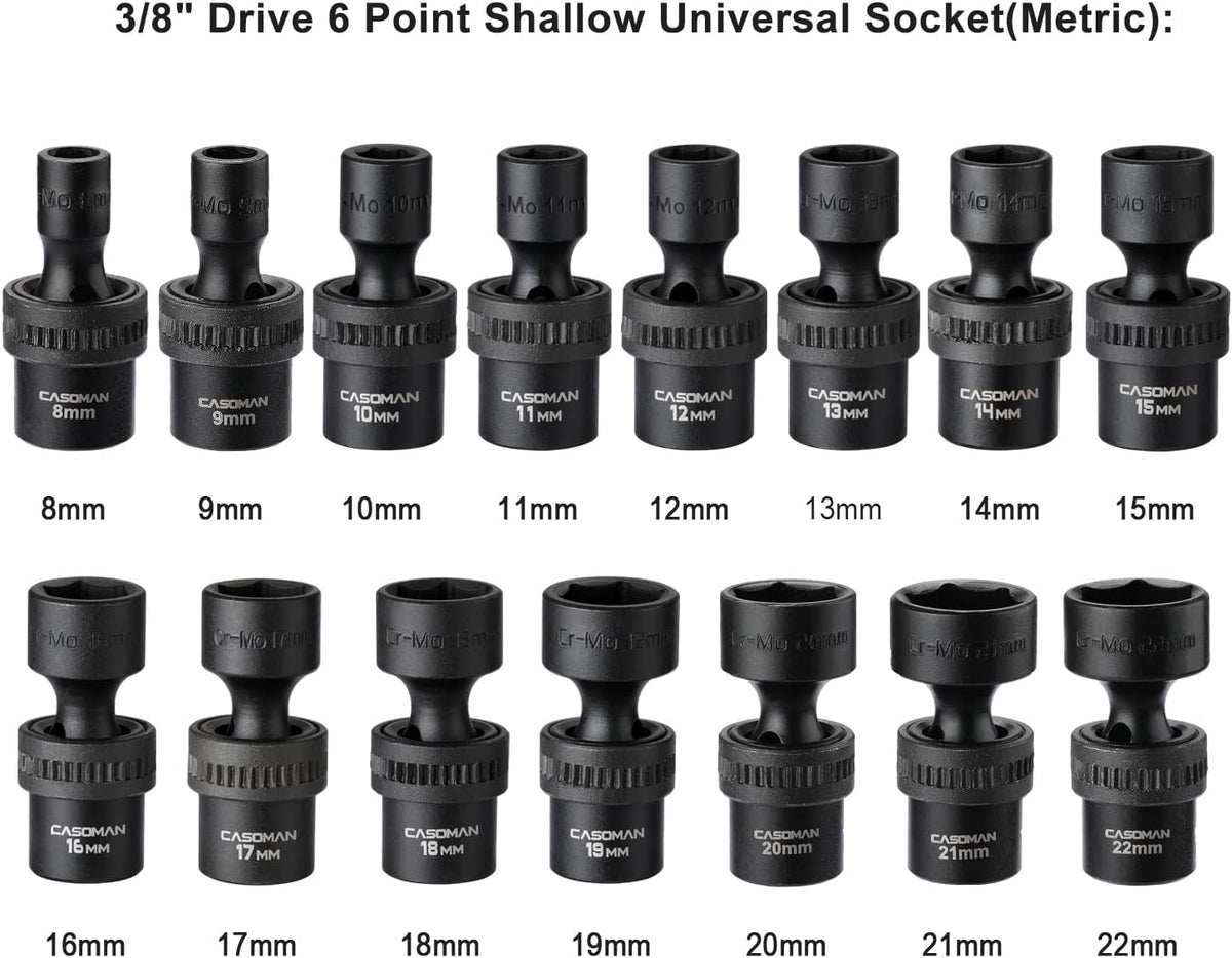 15 PCS 3/8 Drive Shallow Universal Impact Socket Set, 6 Point, Metric, 8-22mm R7555