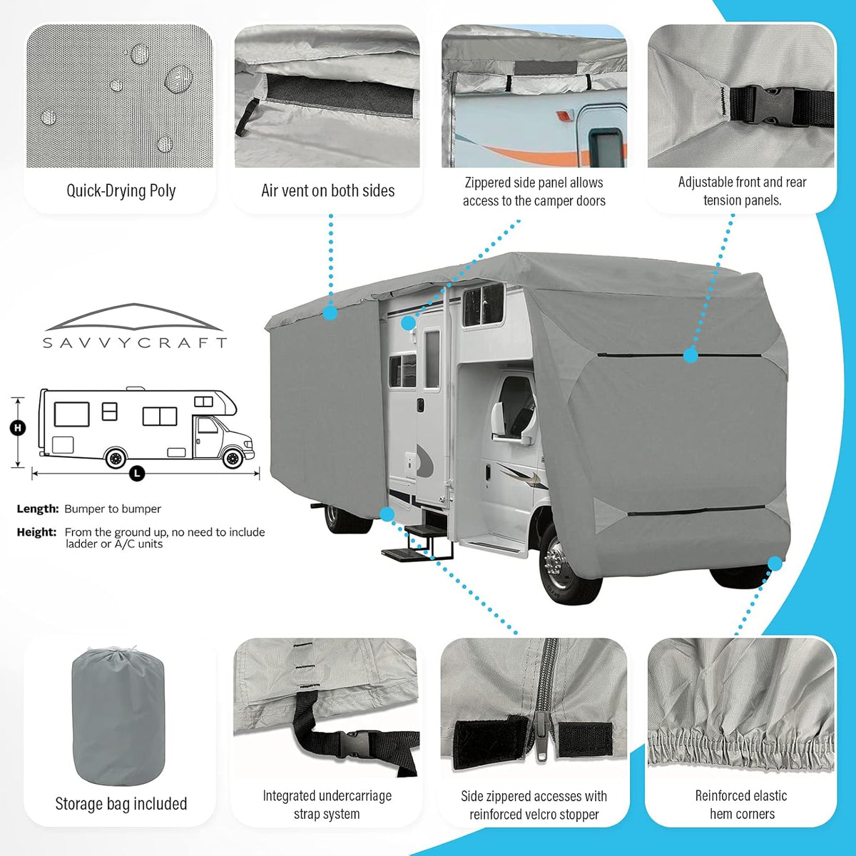 Class C RV Motorhome Camper Cover Fits 24' 25' 26'L Zipper Access A31741