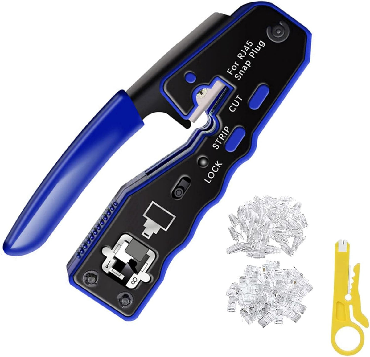 RJ45 Crimp Tool Ethernet Cable Crimper Wire Cutter Stripper Network Pass Through Crimping Tool Kit for Cat5e Cat6 Cat6a, 50Pcs Cat6 Connector & 50Pcs Cat6 Protector Cover S263