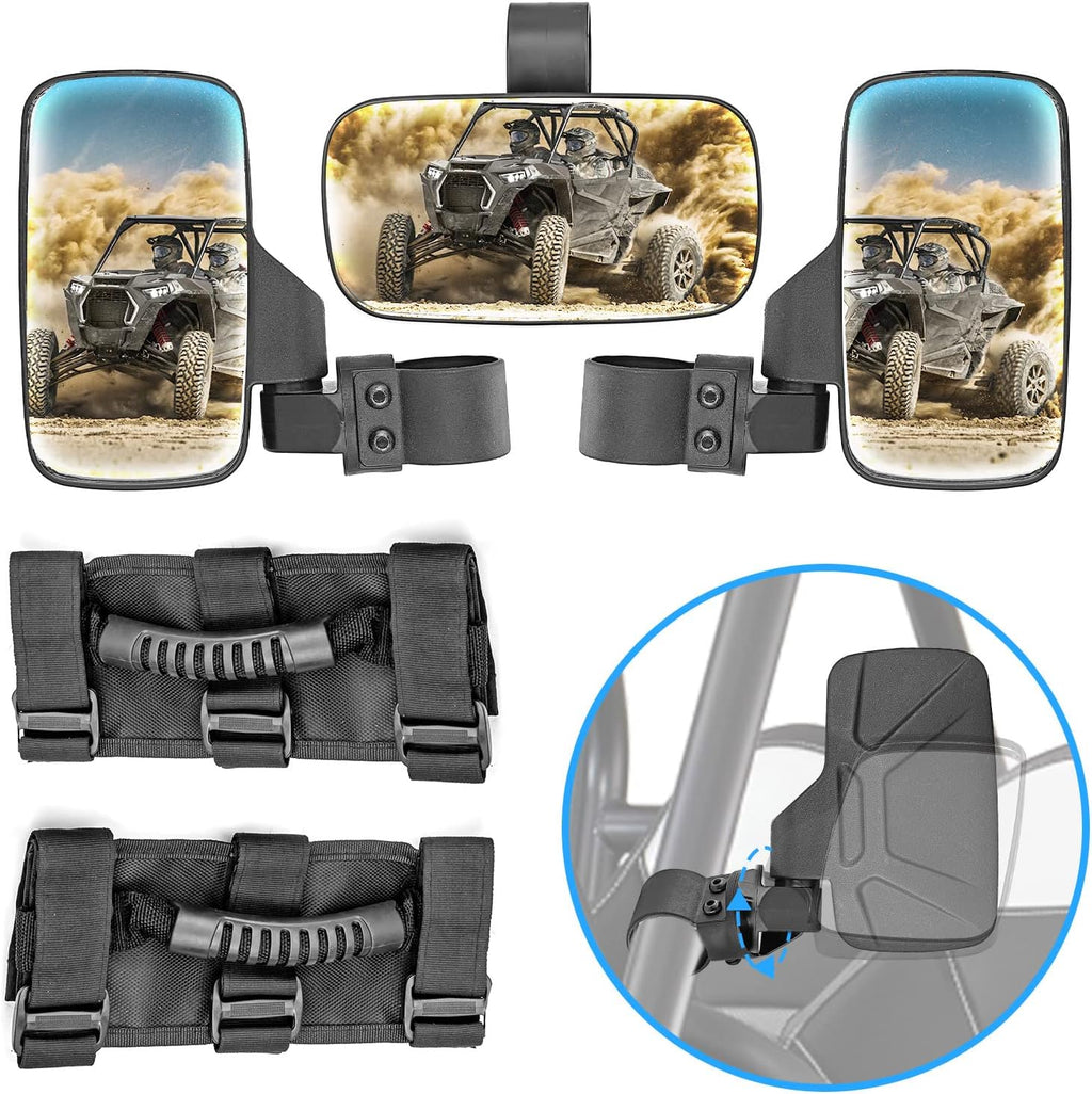 UTV Centre View & Side View Mirror for 1.5''-2'' Roll Cage Bar w/ Pair Grab Handle Set L57784