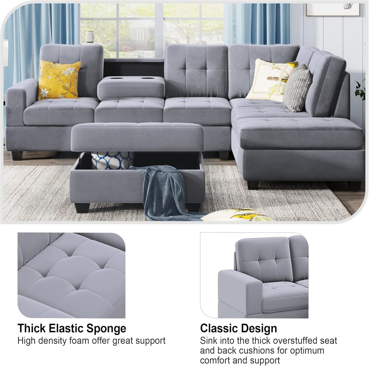 Linen Upholstered L Shaped Sofa Set with Ottoman Storage, Light Gray U482654