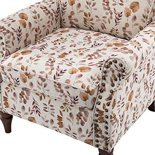 Blue Floral Pattern Upholstered Accent Chair with Wood Legs B36056