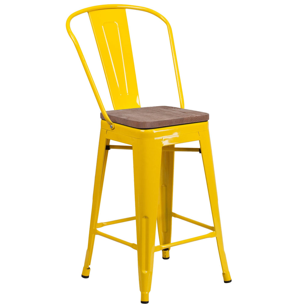 Yellow Metal Counter Height Stool with Back and Wood Seat K2268