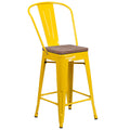 Yellow Metal Counter Height Stool with Back and Wood Seat K2268