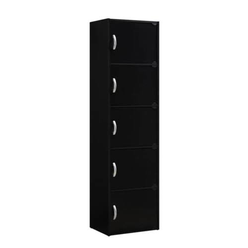 Black 5-Shelf Wood Bookcase with Doors H58809