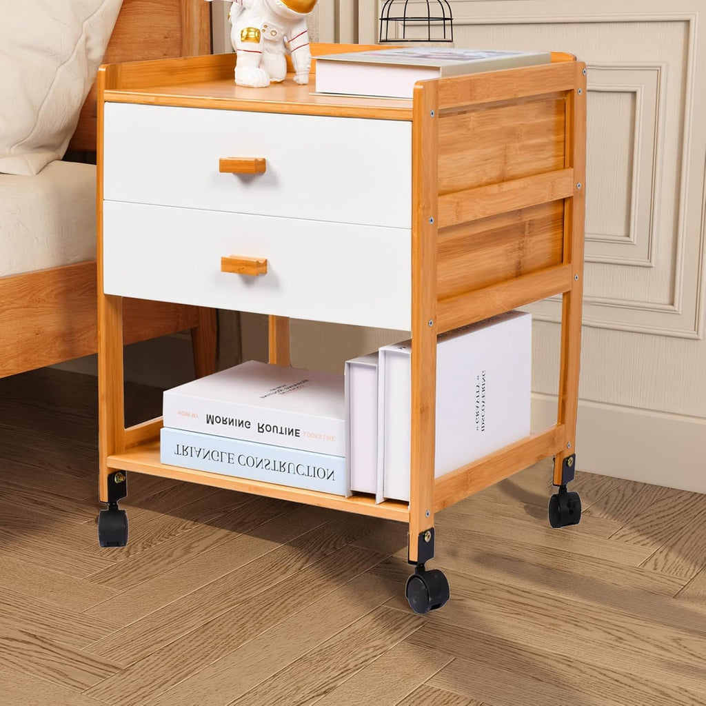 Walnut Bamboo Nightstand with Storage Drawer and Open Shelf B140