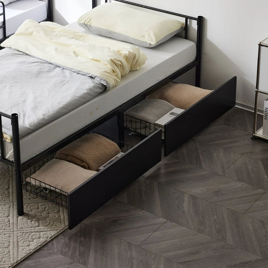 Black Twin Over Twin Iron Convertible Bunk Bed with 2 Storage Drawers B5482