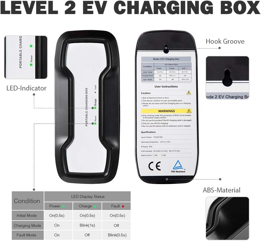 16A Portable EV Charger with NEMA 6-20P Adapter, 100V-240V, SAE J1772 Plug 8m G218