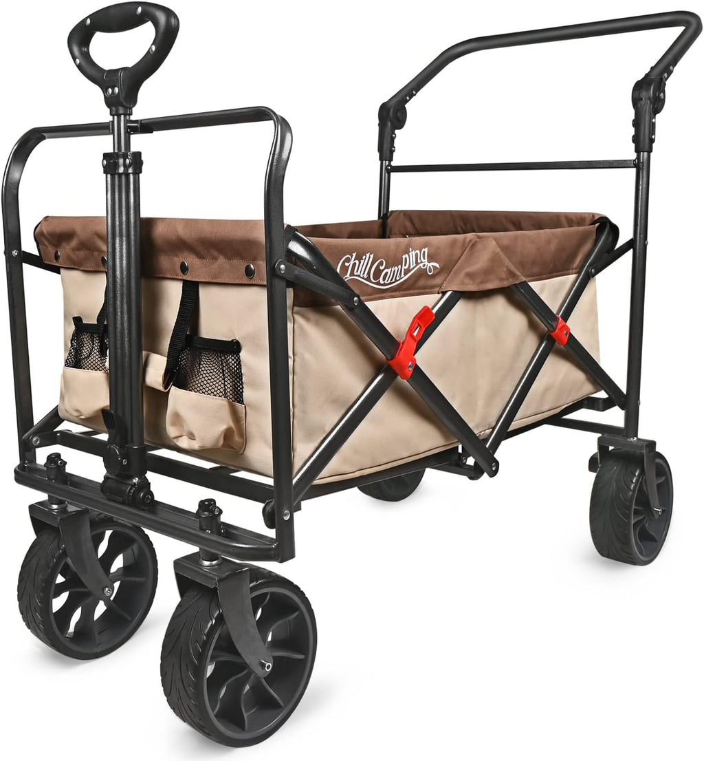Collapsible Folding Wagon with Adjustable Push Pull Handles, Big Rubber Wheels, Green/Gray J29040