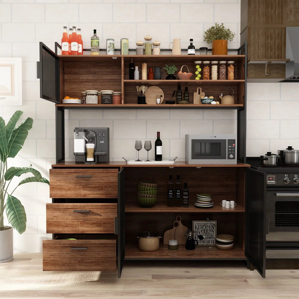 59"W 68.5"H Oak Kitchen Pantry Storage Cabinet with Hutch E5503