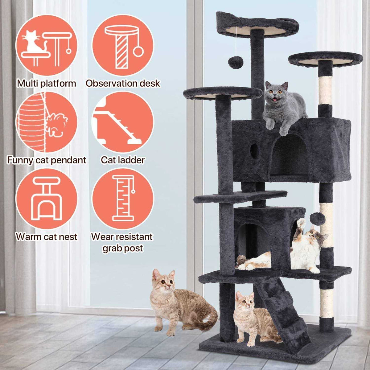 54-in Double Condo Cat Tree Tower Playhouse with Scratching Post & Perch I695829