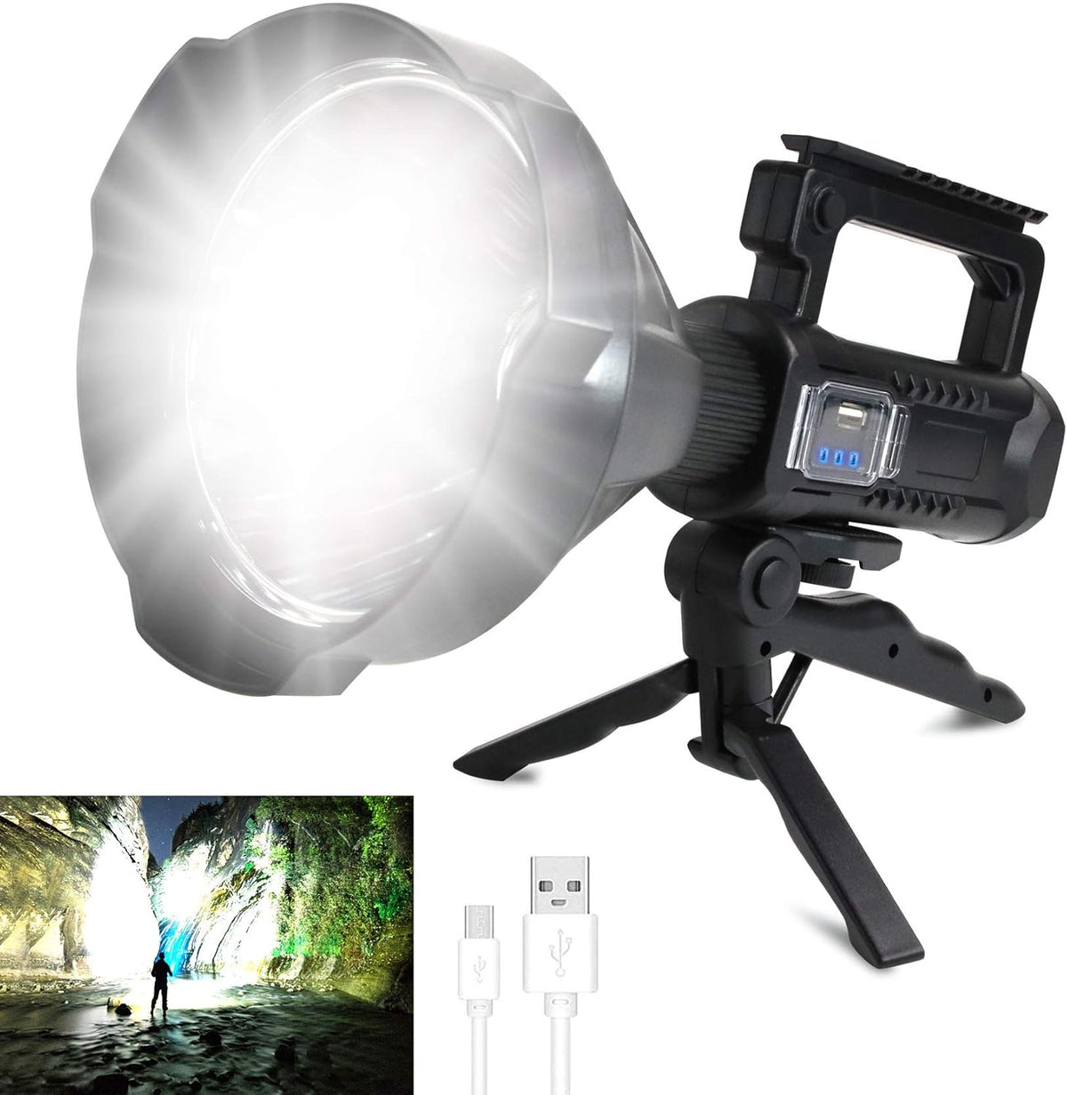 Rechargeable LED Spotlight Flashlights 90000 Lumens XHP90.2 Super Bright Searchlight with 4 Modes IPX5 Waterproof Large Flashlight with Tripod B21397