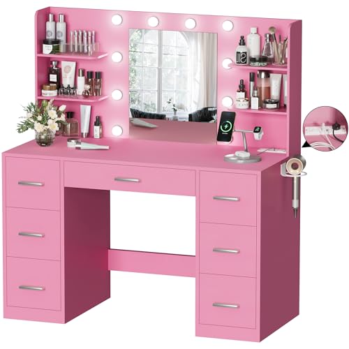 Pure White Vanity Desk with Mirror and 7 Drawers O9028