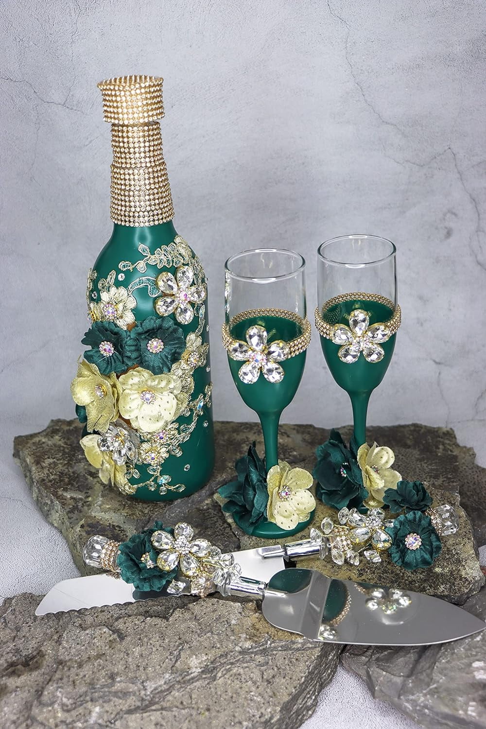 Champagne Glasses Set Emerald Green Silver Q723581