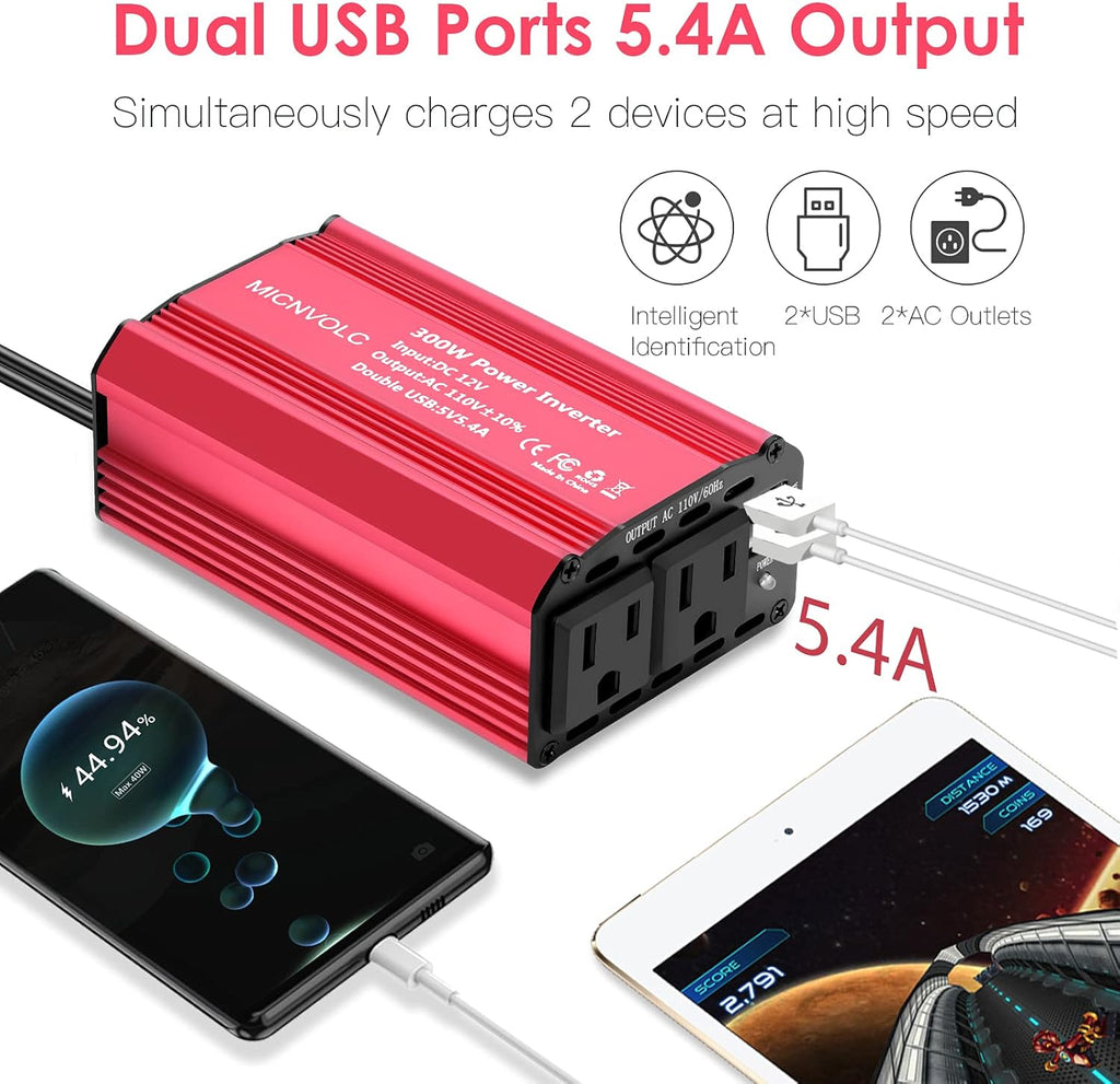 Power Inverter DC 12V to 110V AC 300W Car Inverter Charger with 5.4A Dual USB Pack of 2 T1486