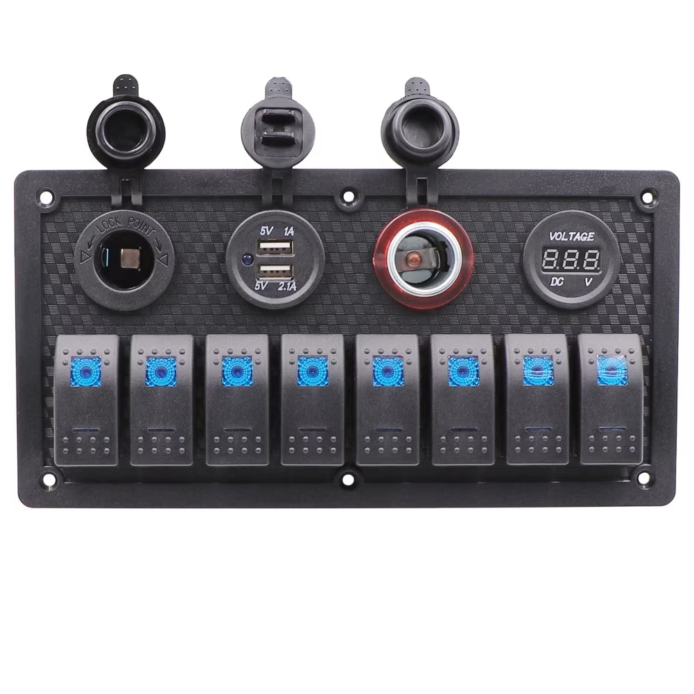 8 Gang Blue Backlit 12V Pre-wired Switch Panel with Dual USB Charger Digital Voltmeter Cigarette Lighter R905350