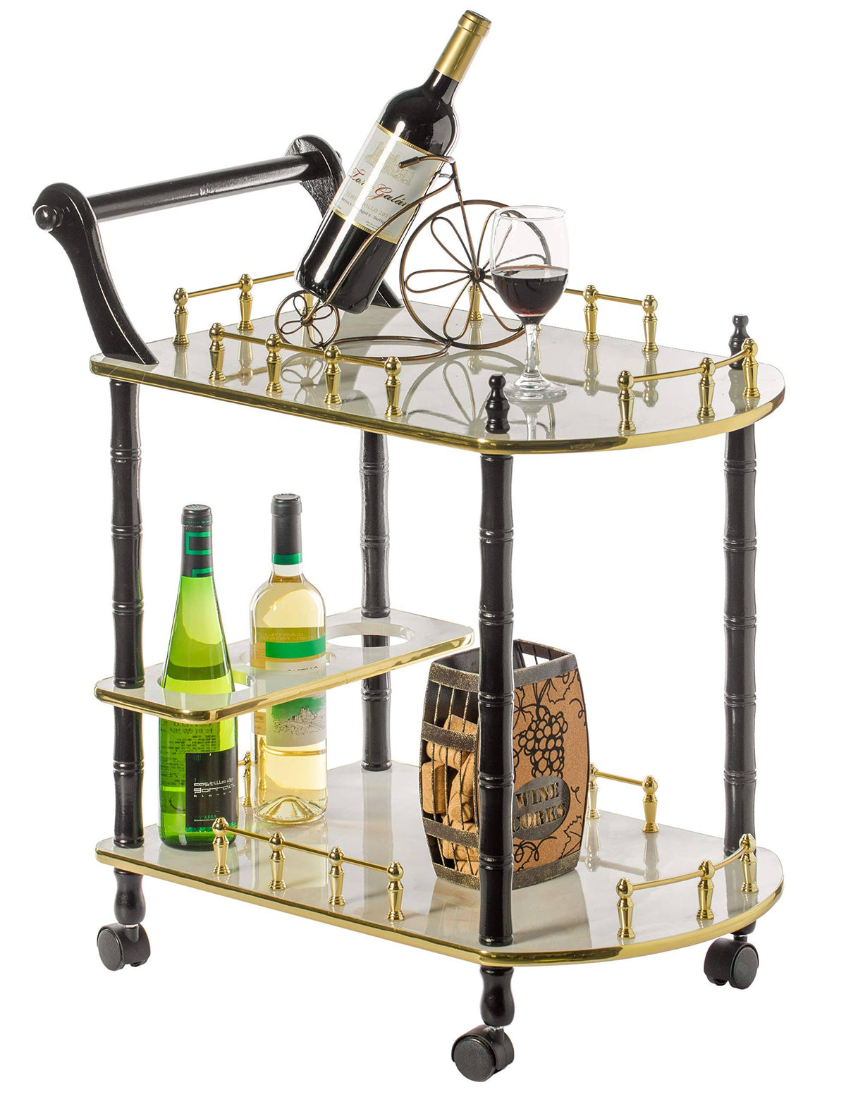 Gold Black and White Wood Serving Bar Cart with 2 Tier Shelves and Rolling Wheels V9297