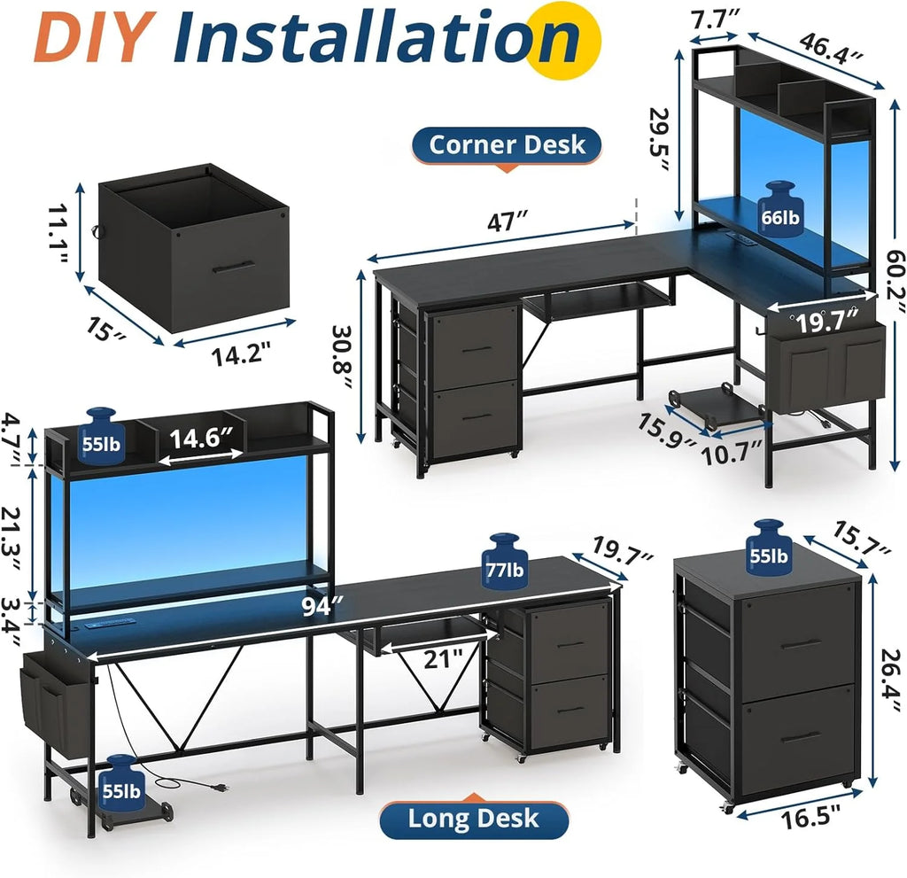 L Shaped Computer Desk with Power Outlet and LED Strip, Black Y5729