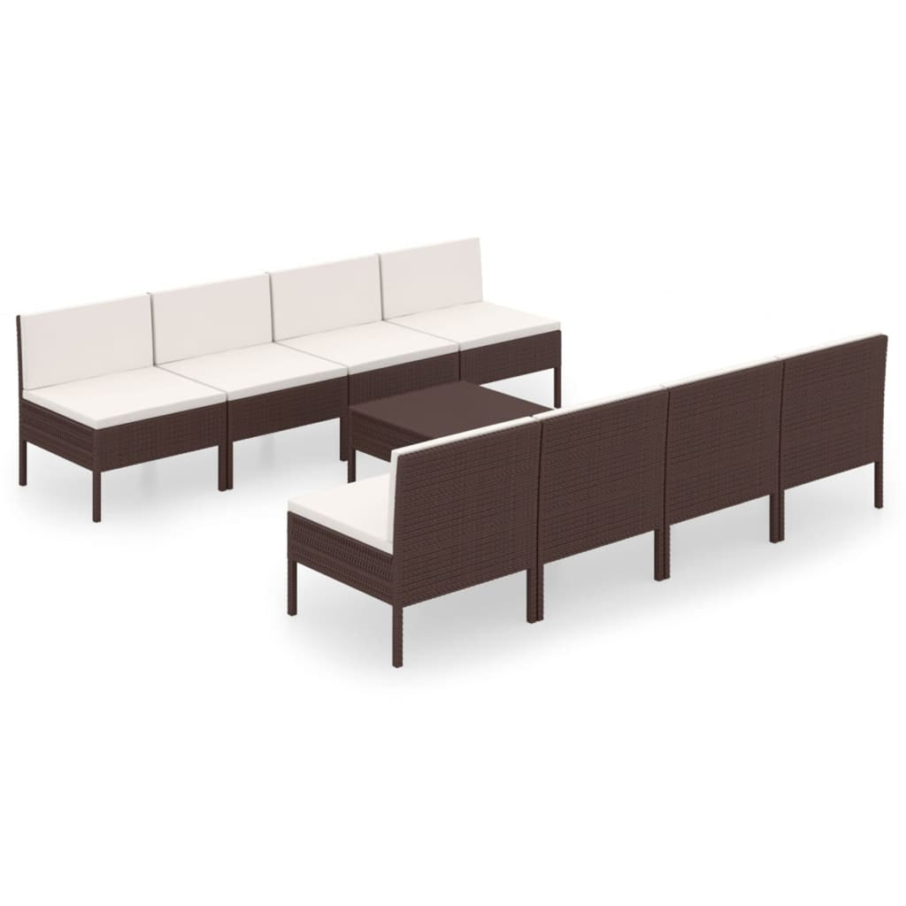 9 Piece Garden Conversation Set with Cushion and Footrest Brown Poly Rattan Sectional Outdoor Furniture Set K240