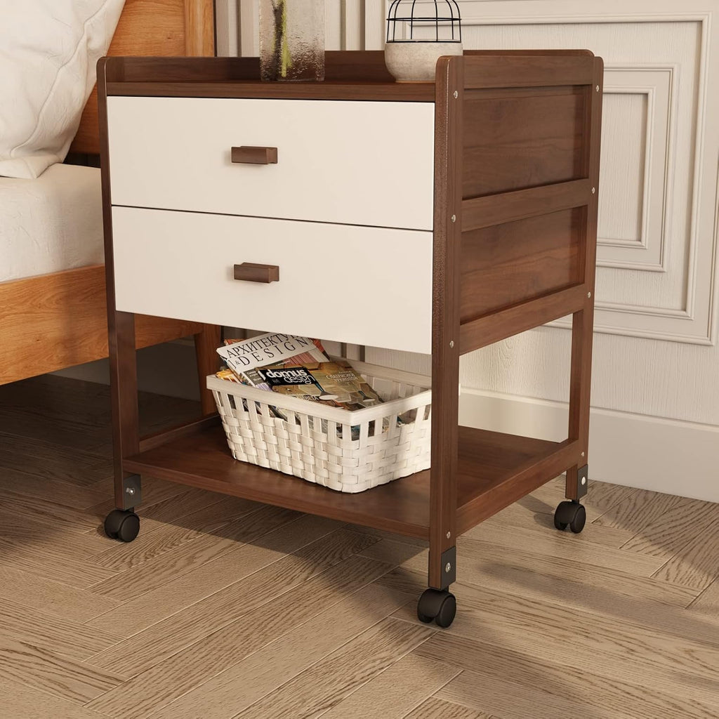 Walnut Bamboo Nightstand with Storage Drawer and Open Shelf B140
