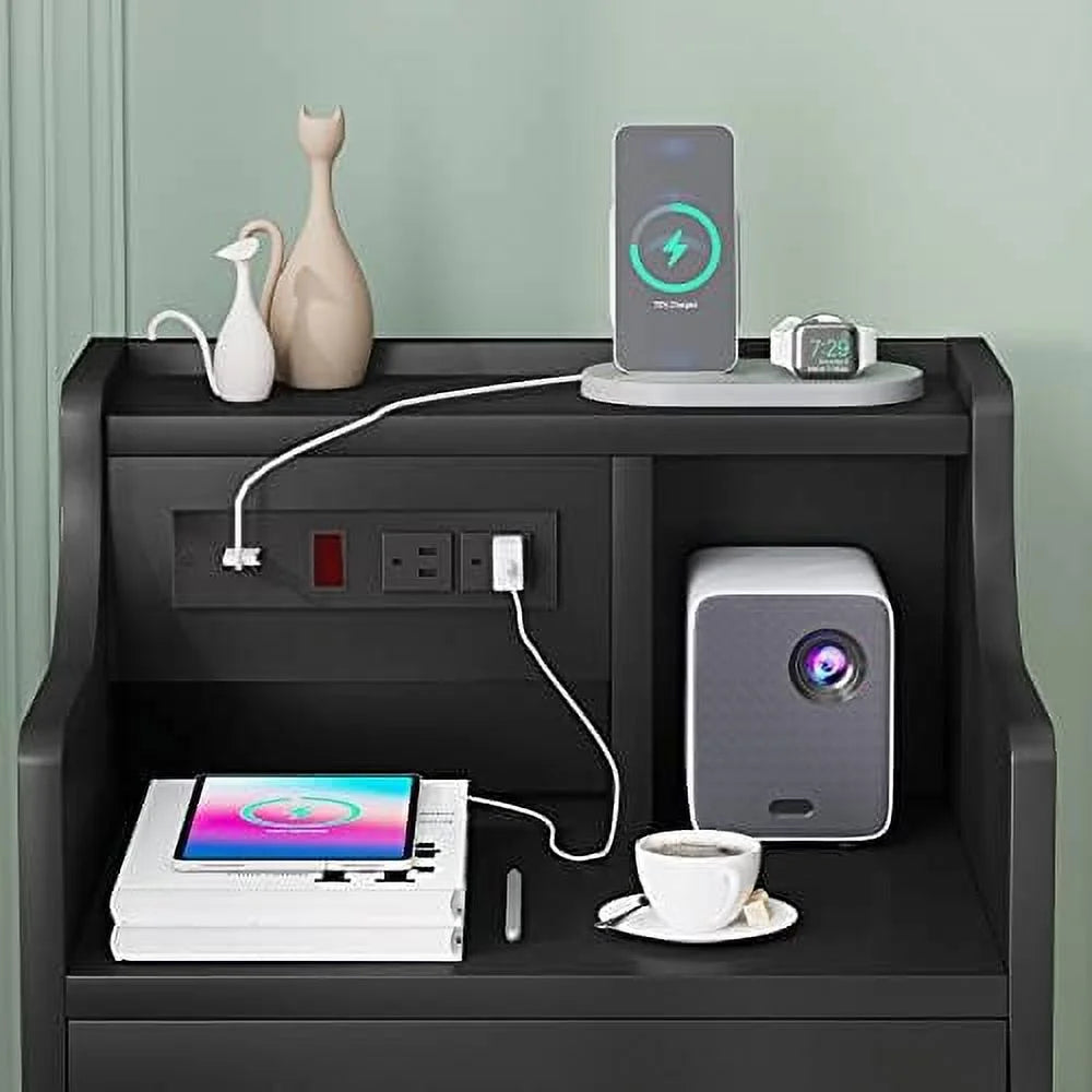 Black 3 Drawer Wood Nightstand with Charging Station L887825