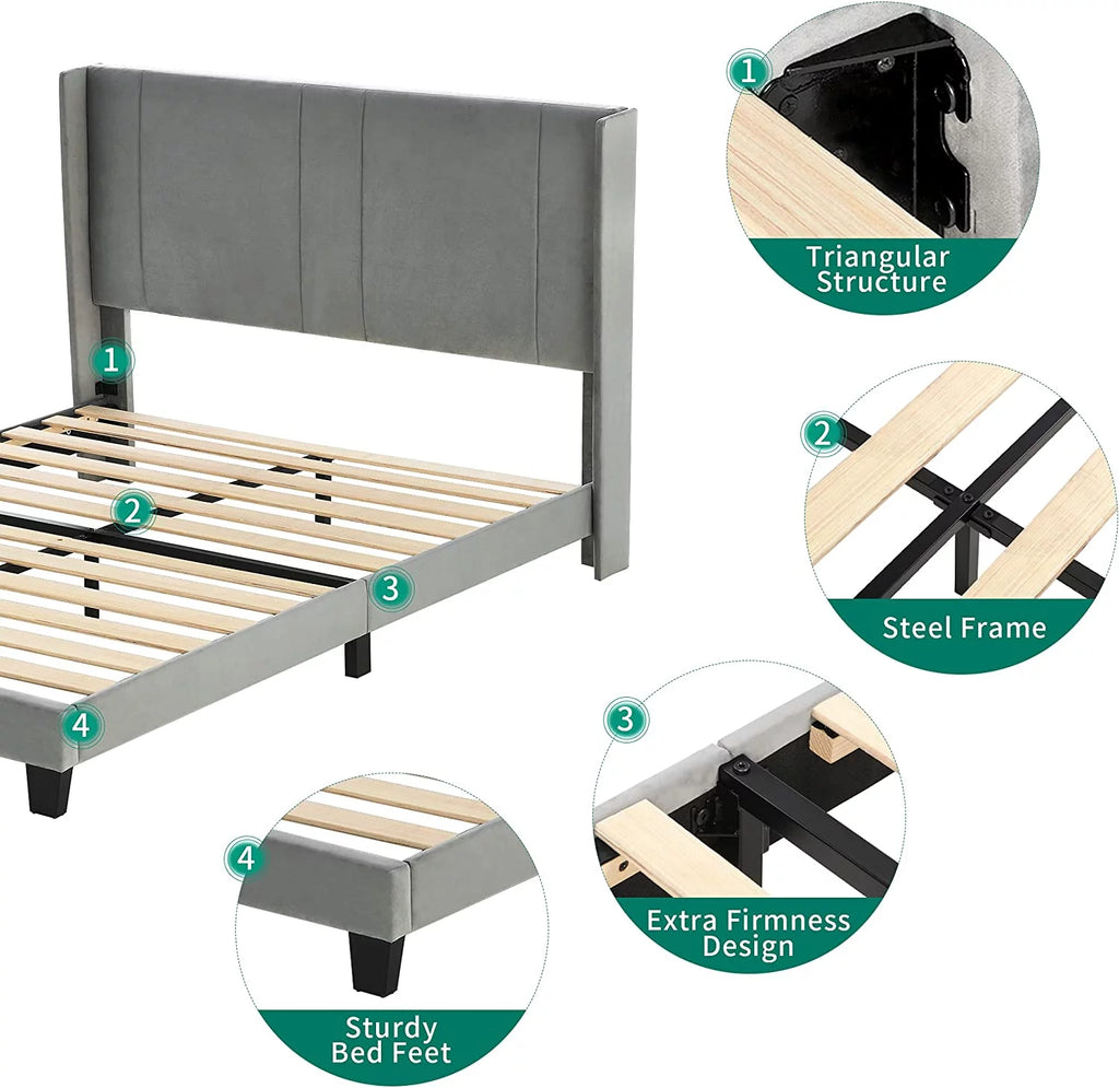 Upholstered Bed Frame with Headboard Wood Slat Full M164