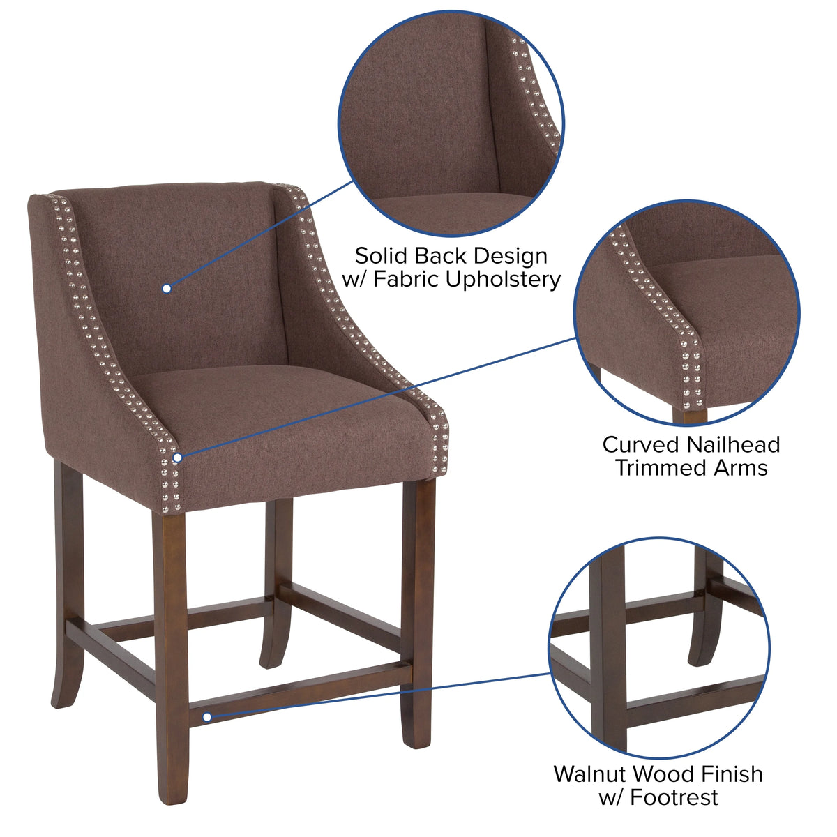 Walnut Counter Height Stool with Nailhead Trim in Brown Fabric - Set of 2 E72995