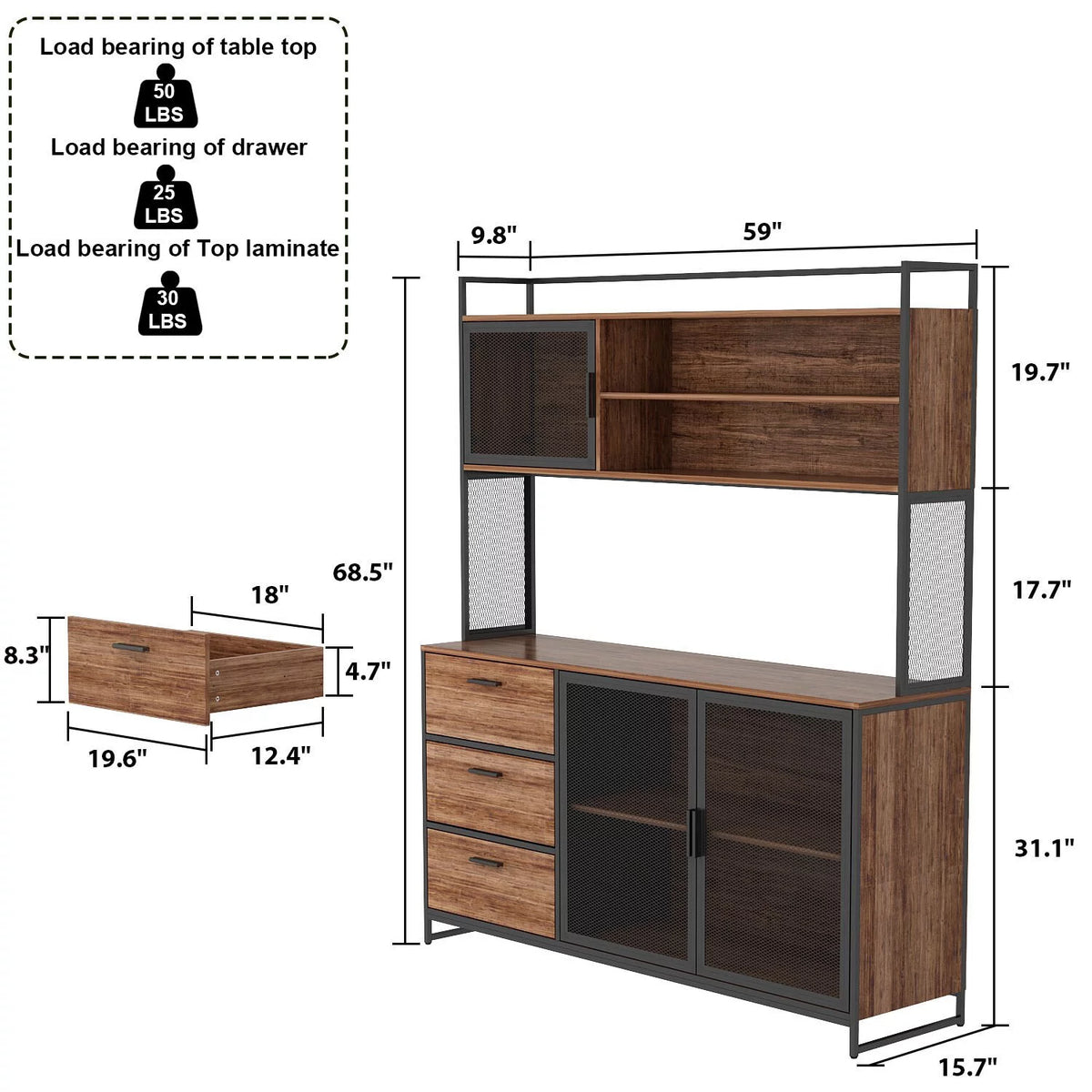 59"W 68.5"H Oak Kitchen Pantry Storage Cabinet with Hutch E5503