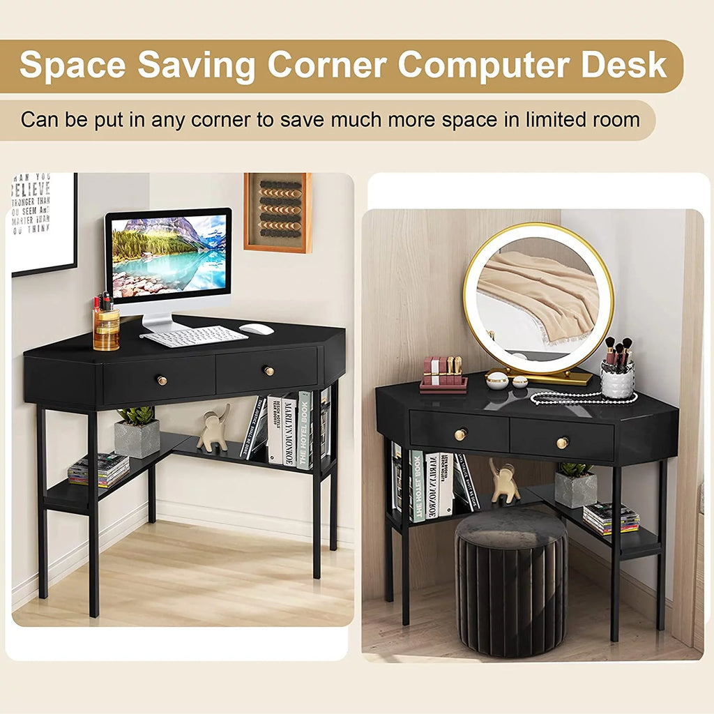 Corner Desk with 2 Drawers, Storage Shelves & Steel Frame S366