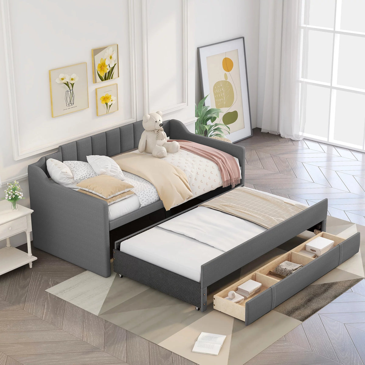 Twin Upholstered Linen Daybed with Trundle and Storage Drawers Gray D711