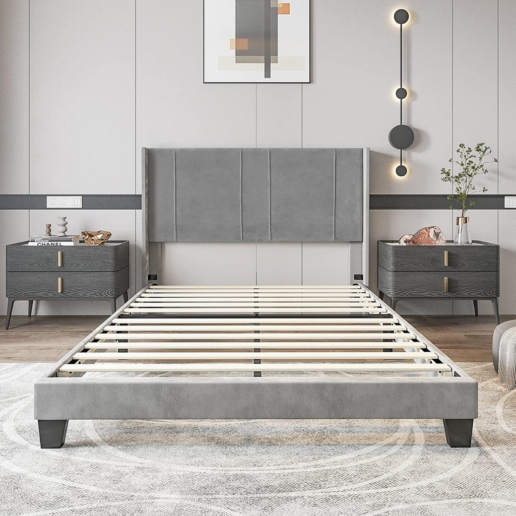 Upholstered Bed Frame with Headboard Wood Slat Full M164