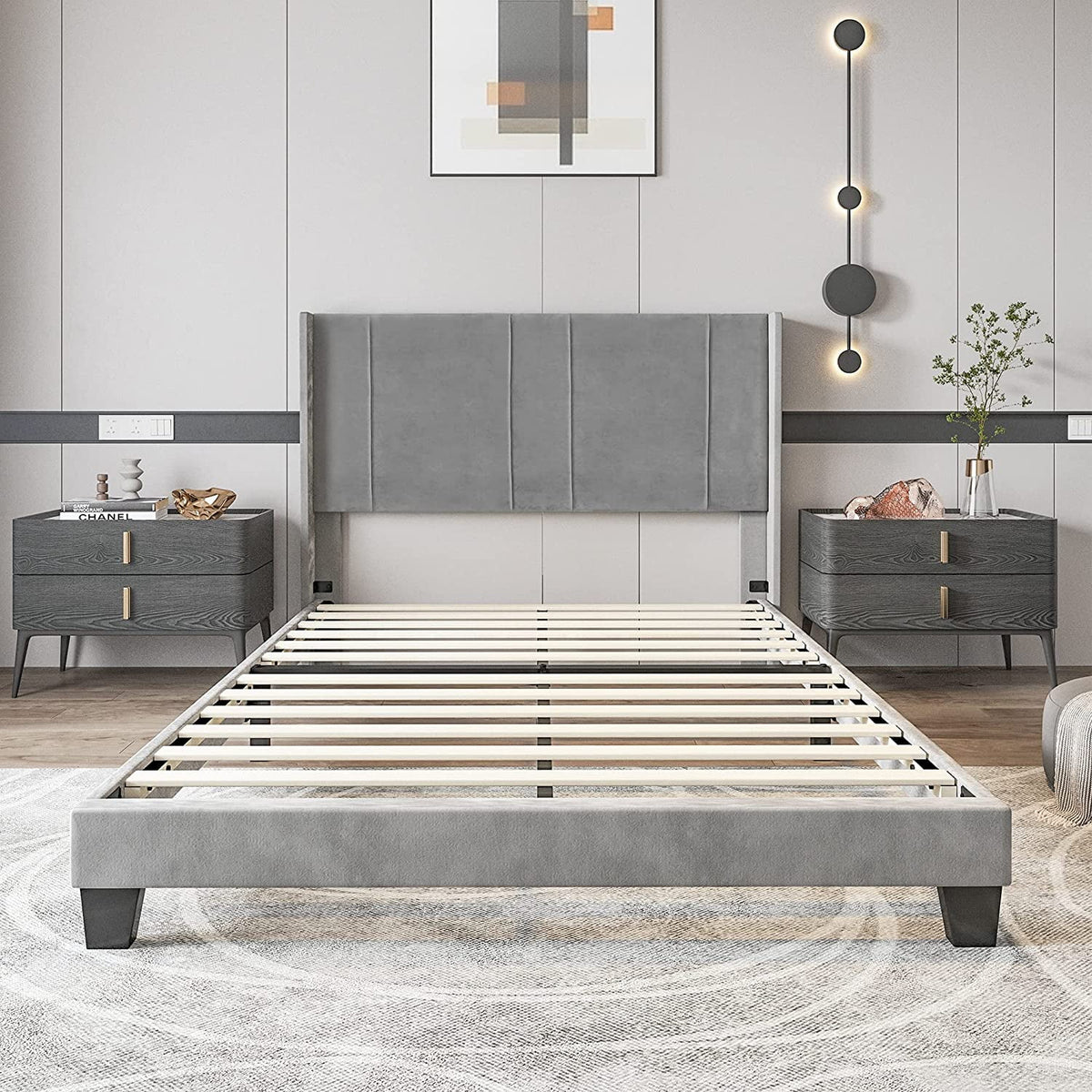 Upholstered Bed Frame with Headboard Wood Slat Full M164