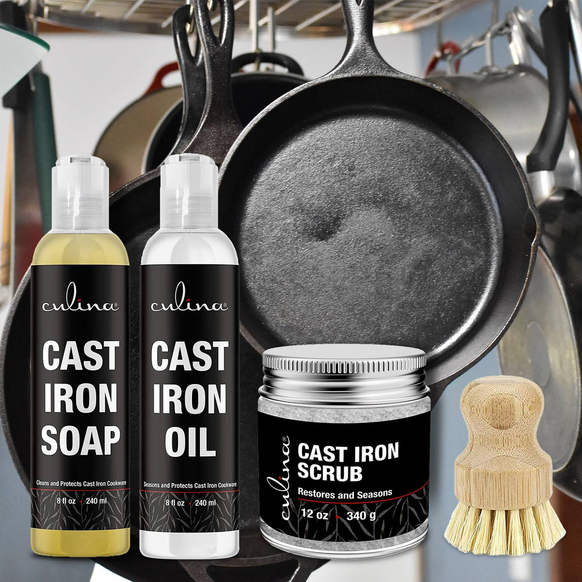 Cast Iron Soap & Conditioning Oil & Stainless Scrubber W556