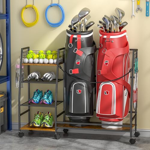 Golf Bag Storage Rack with Wheels, Black Y40571