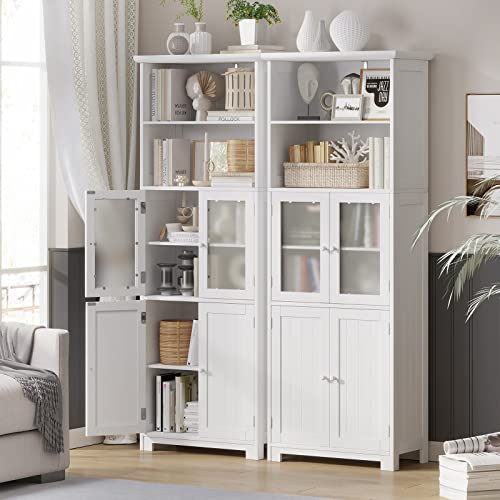 White Tall Bathroom Storage Cabinet with 2 Open Compartments and 2 Cabinets with Doors G743850